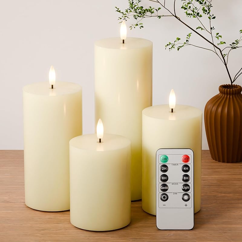 White Flameless Pillar Candles, Battery Operated Wax Candles with Remote, Flat Top Flickering Flameless Candles, LED Candles for Home, Wedding, Party