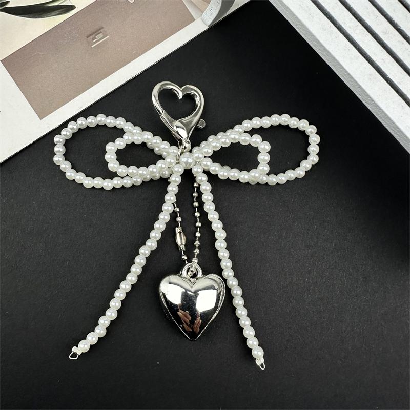 Double-layer Sweet Lovely Beaded Bowknot Heart Keychain Pendant Hanging Decor Keyring Lanyard Phone Charm Bag Pendant Supplies