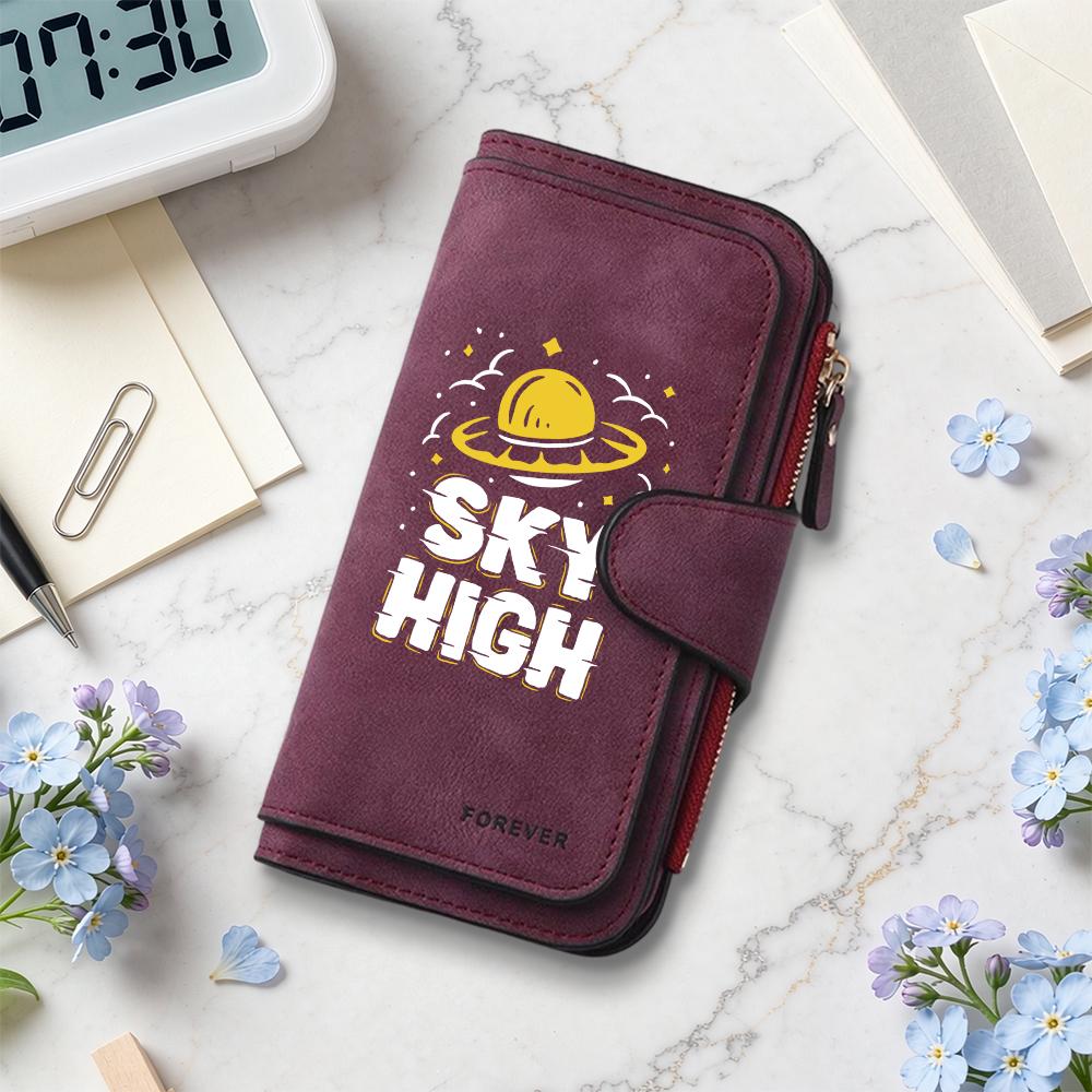 Sky High UFO Print Long Purse Multi Slot Card Holder Fashion Zipper Wallet for Daily Use