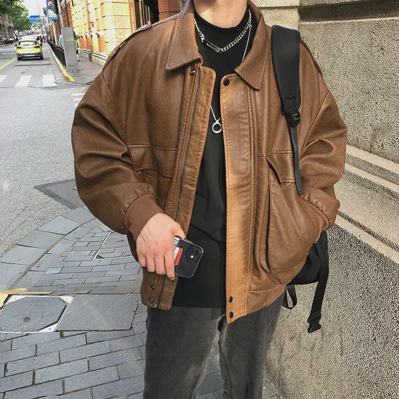 Men's Trendy Brown Leather Retro Motorcycle Jacket, Inspired by Pilot and Baseball Styles