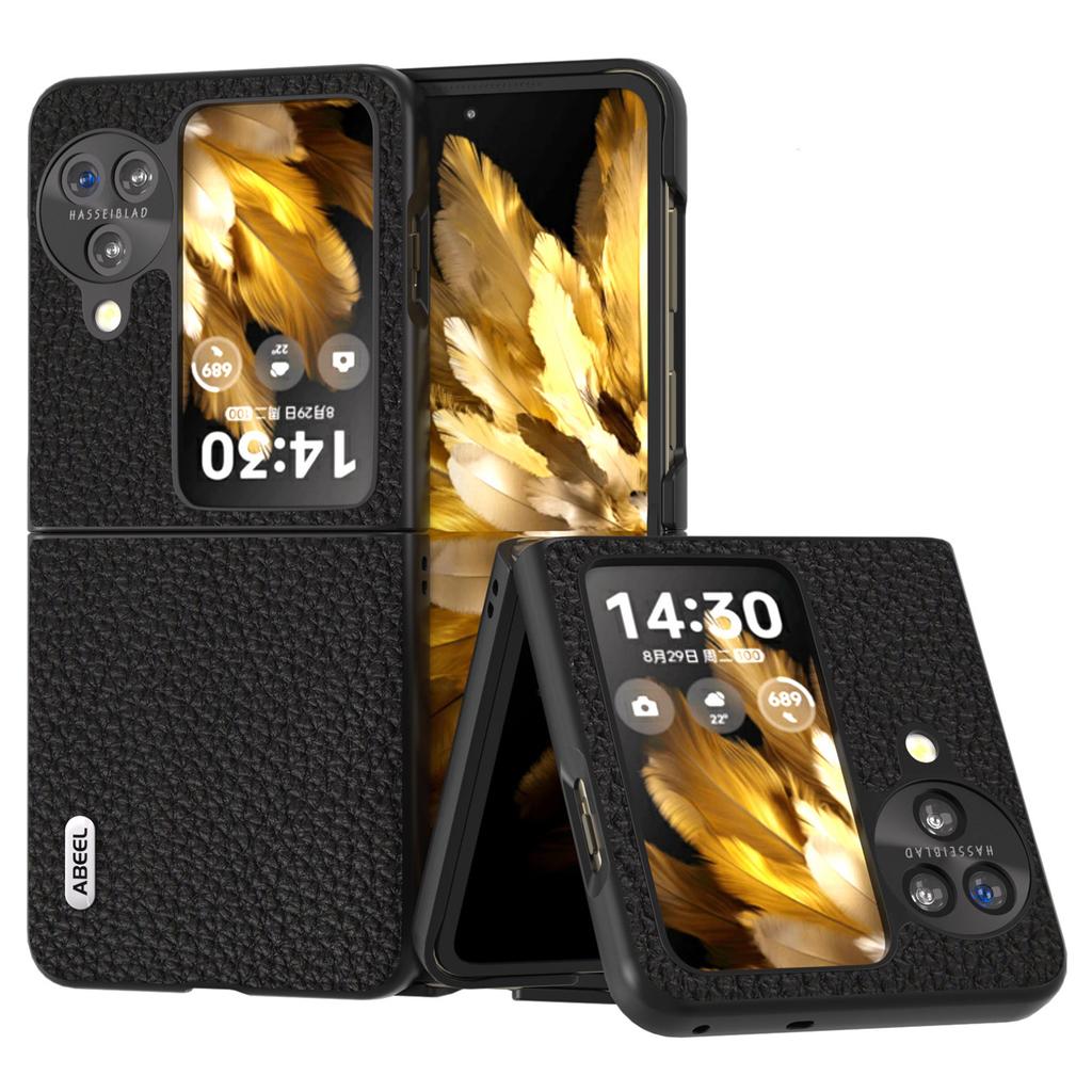 ABEEL For Oppo Find N3 Flip 5G Genuine Cow Leather+PC Phone Case Litchi Texture Drop Protection Cover