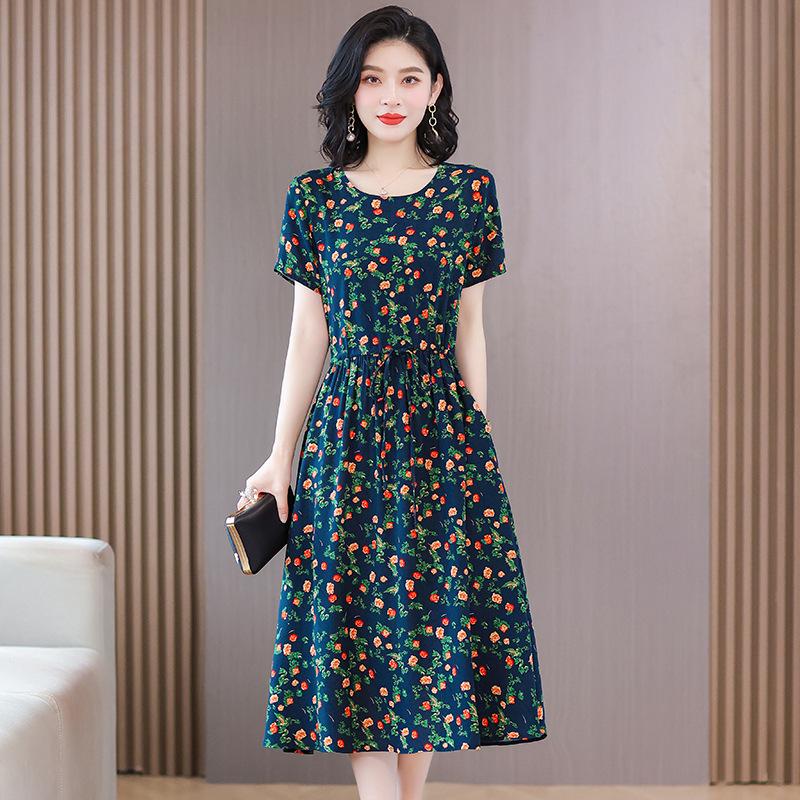 Women's Short Sleeve Midi Dress Round Neck Mid Rise Casual Floral Print A-Line Dress