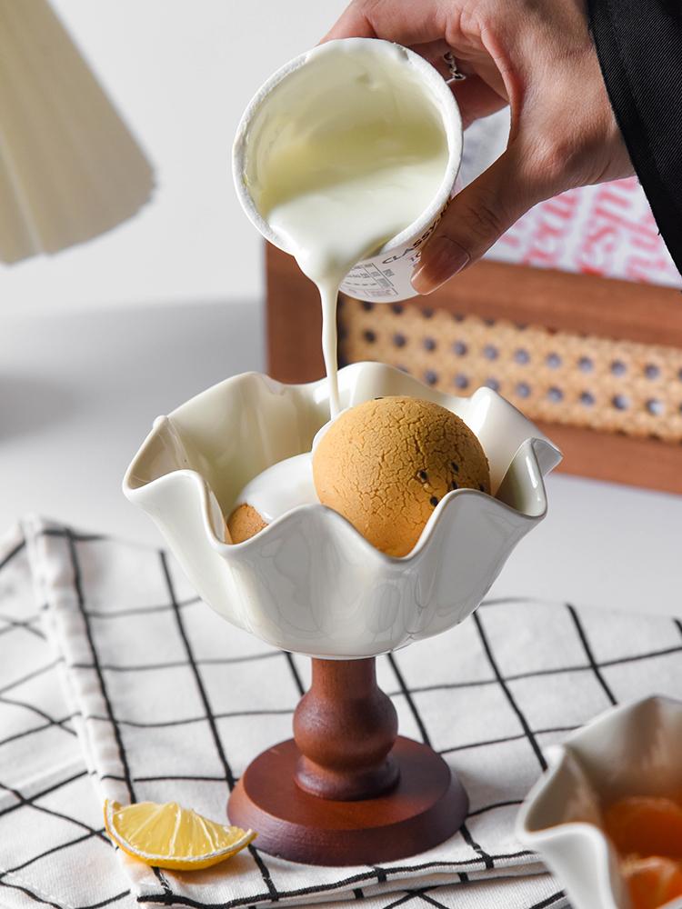 American Vintage Tall Ceramic Cake Mug French Elegance Ice Cream Cup Wooden Tall Dessert Pudding Cup