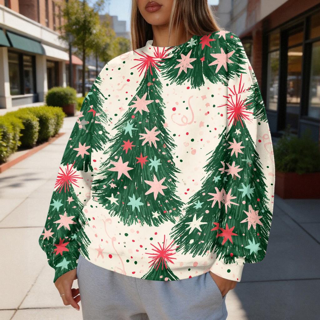 Women's Christmas Print Crewneck Sweatshirt Lightweight Casual Pullover for Holiday