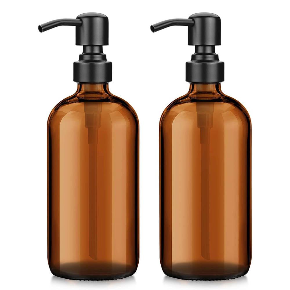 Amber Glass Soap Dispenser with Black Pump, Liquid Hand Soap Dispenser for Bathroom, Kitchen Dish Soap Dispenser, 16Oz 500ml