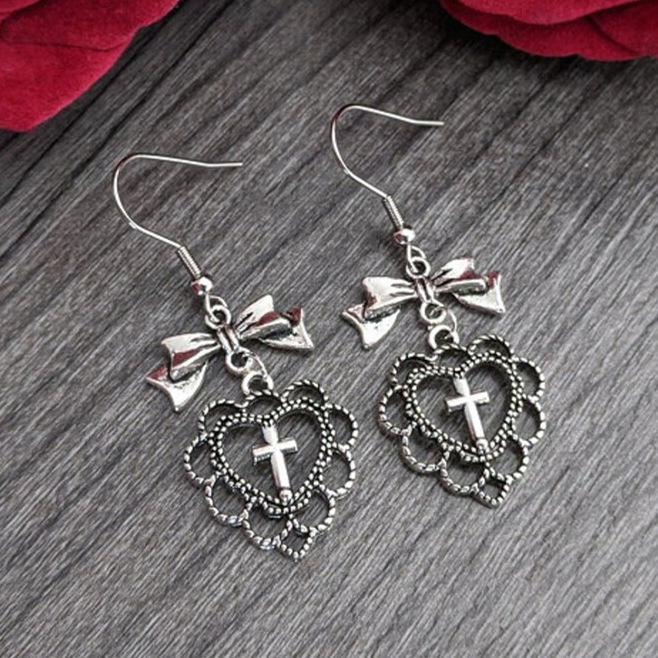 Romantic Gothic Silver Color Hollowed-out Bownot Heart-shaped Cross Wings Dangle Earrings for Women Halloween Party Jewelry Gift