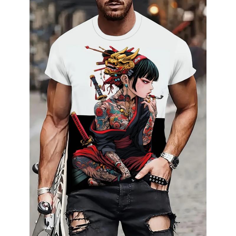 Men's Short Sleeved 3D Printed Cartoon Female Warrior Pattern T-shirts Casual Round Neck Short Sleeved Fashion T-shirts