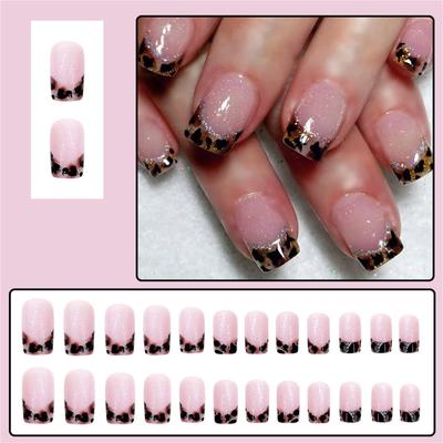 French Leopard Print Press On Nail Square Coffin Nail Medium Designs Full Cover Artificial Nail Stick On Nail 24Pcs