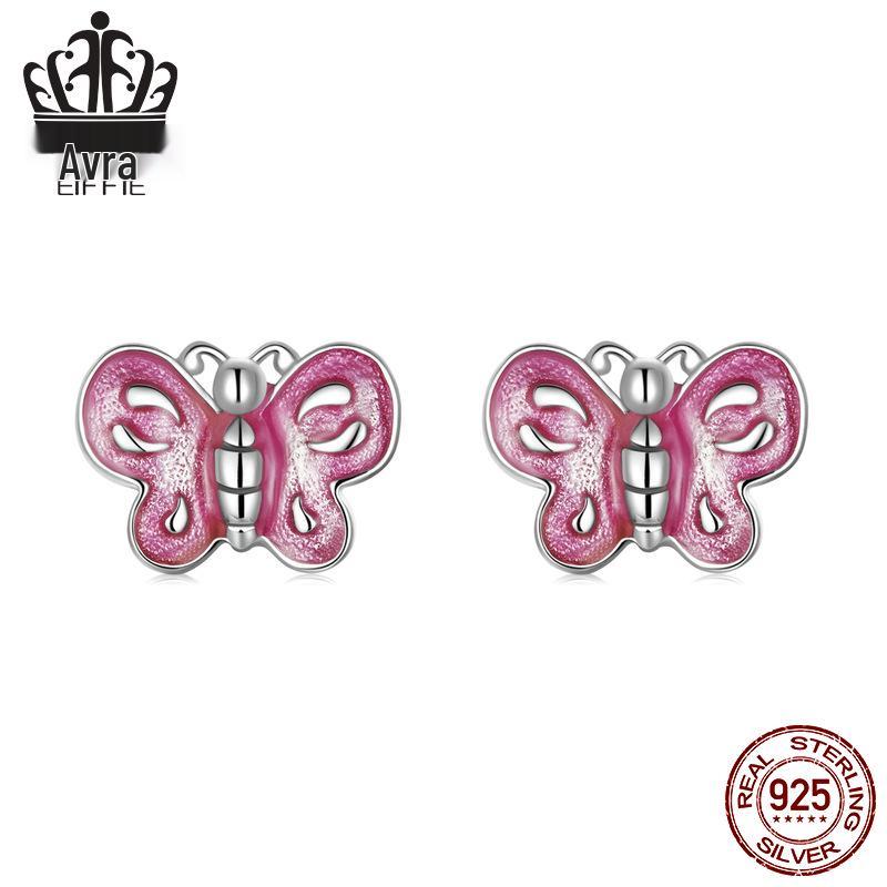 Aifle Sterling Silver S925 Pink Butterfly Earrings with Platinum-Plated Oil-Drop Design