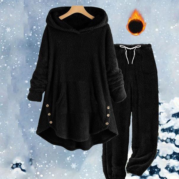 

Пушистый пижамный комплект для женщин Зимняя теплая плюшевая одежда для сна больших размеров Худи и брюки на кулиске Свободные пушистые пижамные костюмы XXXXXL чёрный