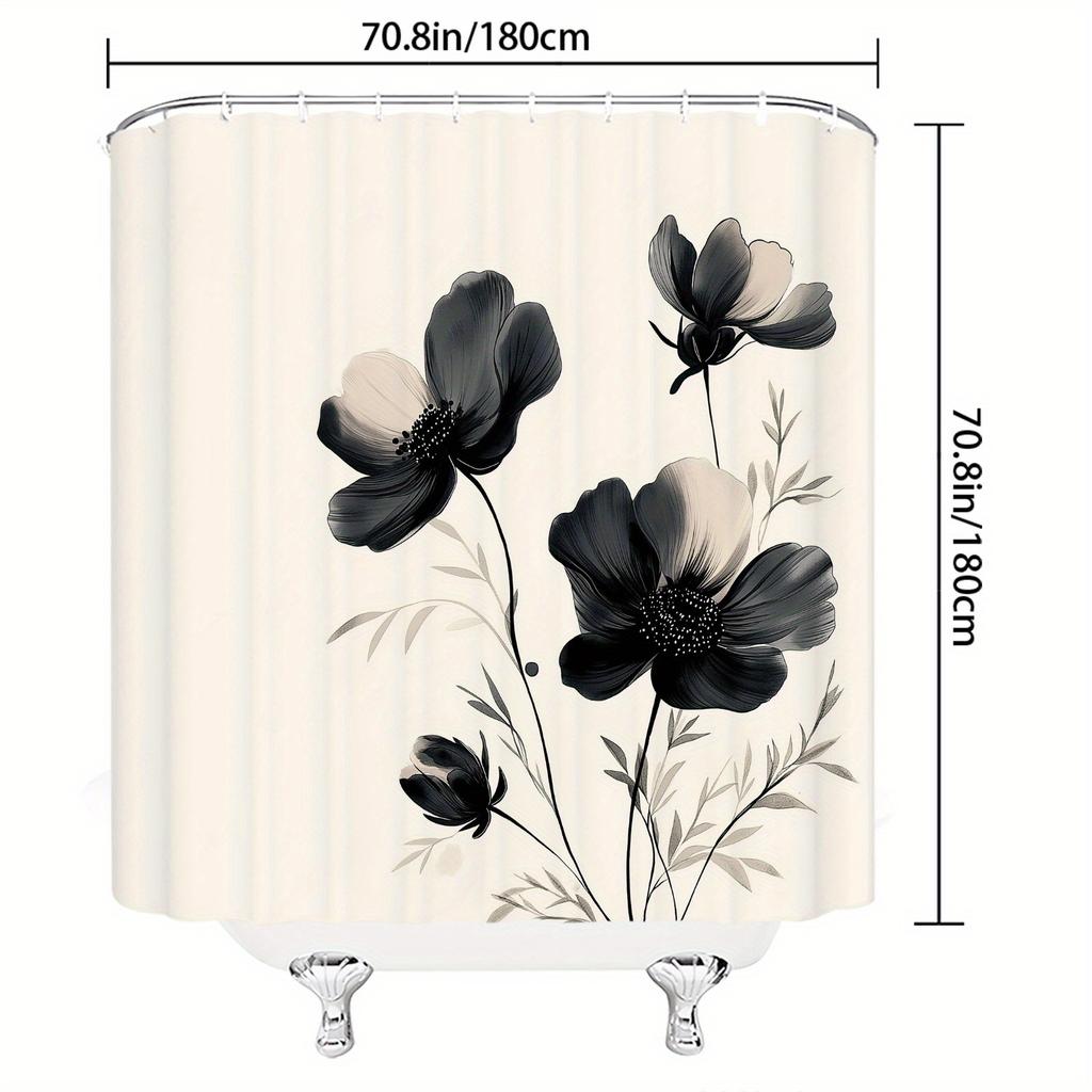 Black & White Poppies Bath Curtain-Minimalist Floral Design,Soft Petals on Cream, Polyester,Machine Washable,Elegant Bath Decor
