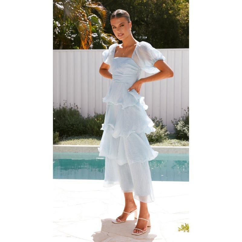 Women Fashion Backless Puff Sleeve Square Neck Long Solid Cake Dress