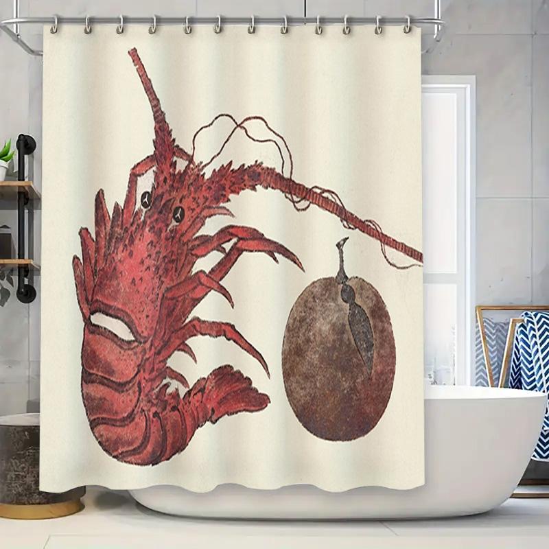 Unique Red Lobster Shower Curtain Rustic Kitchen Decor Fish Bath Mat Set with Coconut Design Waterproof Fabric for Bathroom Deco