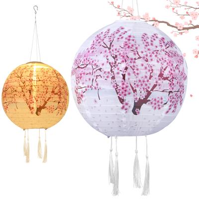 Solar Powered Cherry Blossom Lights Nylon Colth Chinese Traditional Hanging Lanterns Flower Decorative Lights for Garden Porch