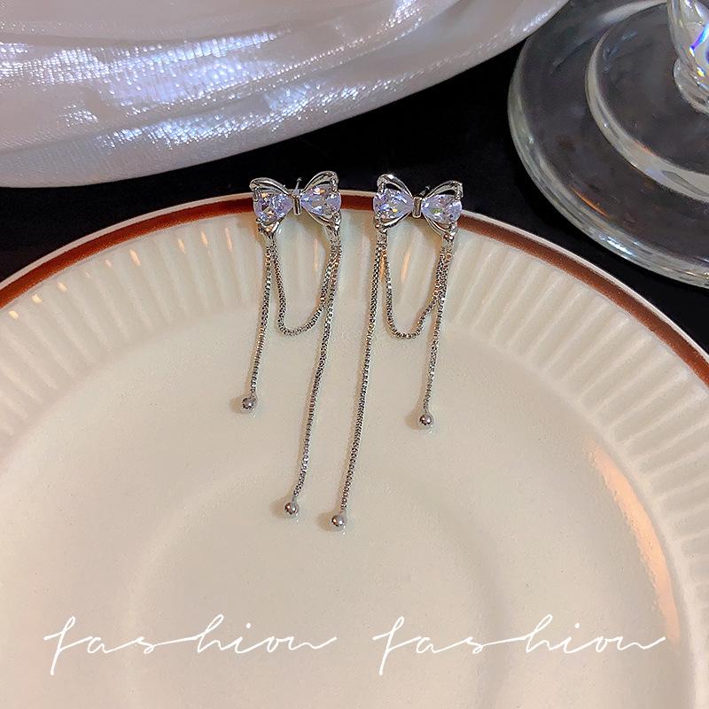 Korean-Style Diamond Tassel Bow Earrings - Elegant Long Earrings for All Occasions