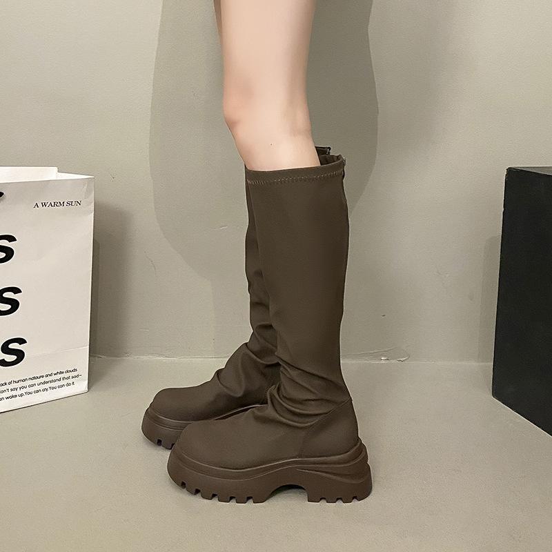 

Осень новые из натуральной мягкой кожи ботфорты женский дизайн но до колена длинная труба толстая подошва увеличивающие рост складки эластичные тонкие ботинки 40 коричневый