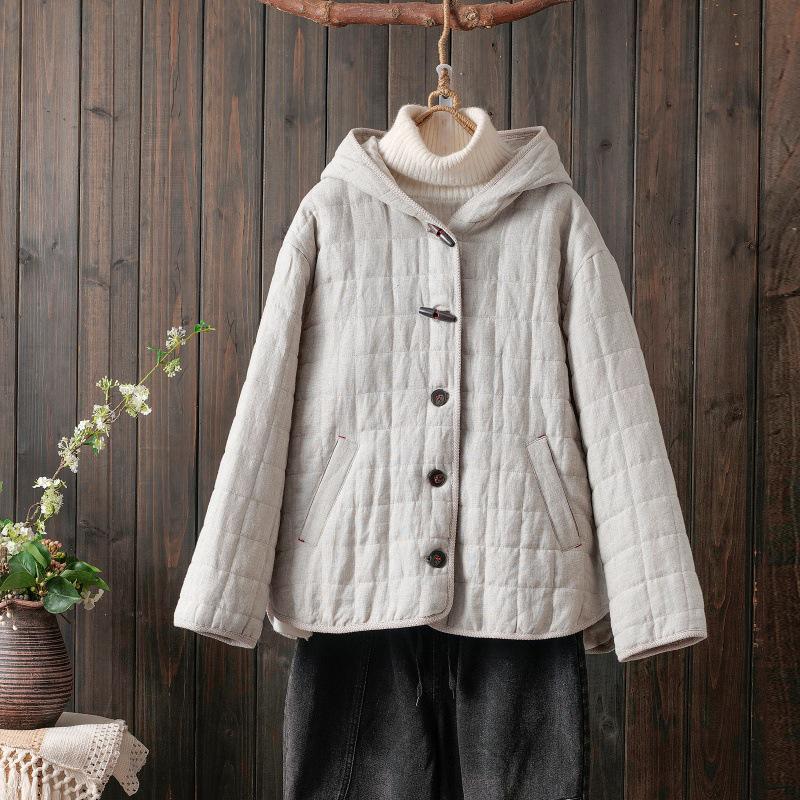 

2025 A/W Plus Size Cotton Linen Quilted Retro Horn Button Jacket M льняной/естественный