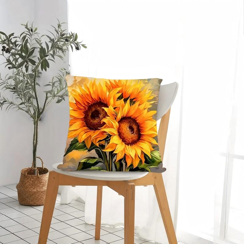 1Pc Oil Painting Style Sunflower Printed Throw Pillow Cover, Suitable For Sofa,Bedroom,Livingroom,Elegant Gift For Flower Lovers