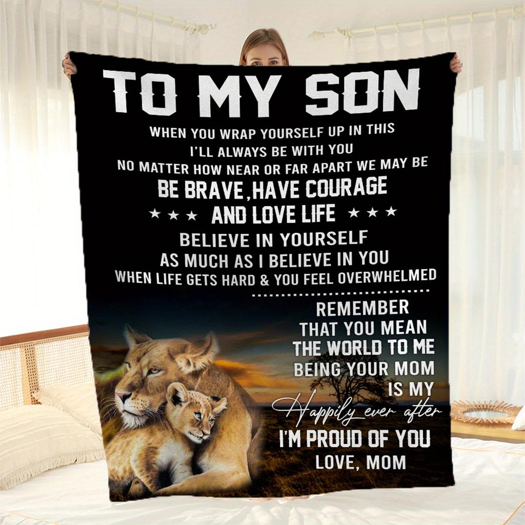Emotional Lion Print Fleece Blanket for Son - Mom's Inspiring Message Gift, Soft Warm Throw for Bedroom, Couch, Travel,