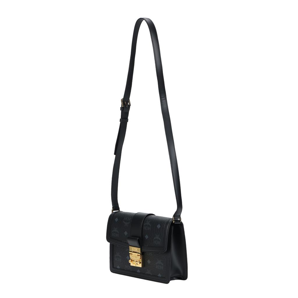 MCM Tracy Classic Logo Laurel Leaf Lock Closure Visetos Pattern Faux Leather Crossbody Bag Small Women Bags Black MWSCAXT01BK001
