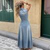 Fashion Washed Sleeveless Shirt Collar High Waist Denim Long Dress For Young Women