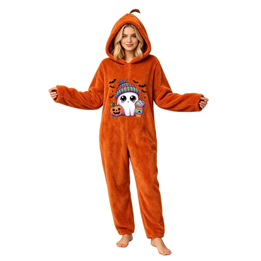 Women's Halloween Printed Flannel Romper Jumpsuit for Holiday Party and Loungewear