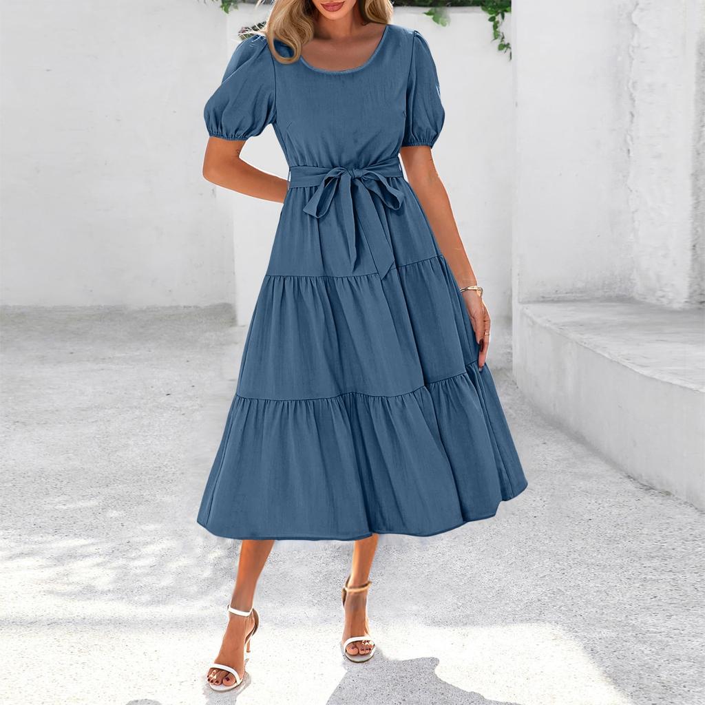 Women's Summer Solid Color Short Sleeve Round Neck Waistband Bohemian Flowy Layered Maxi Dress With Pockets