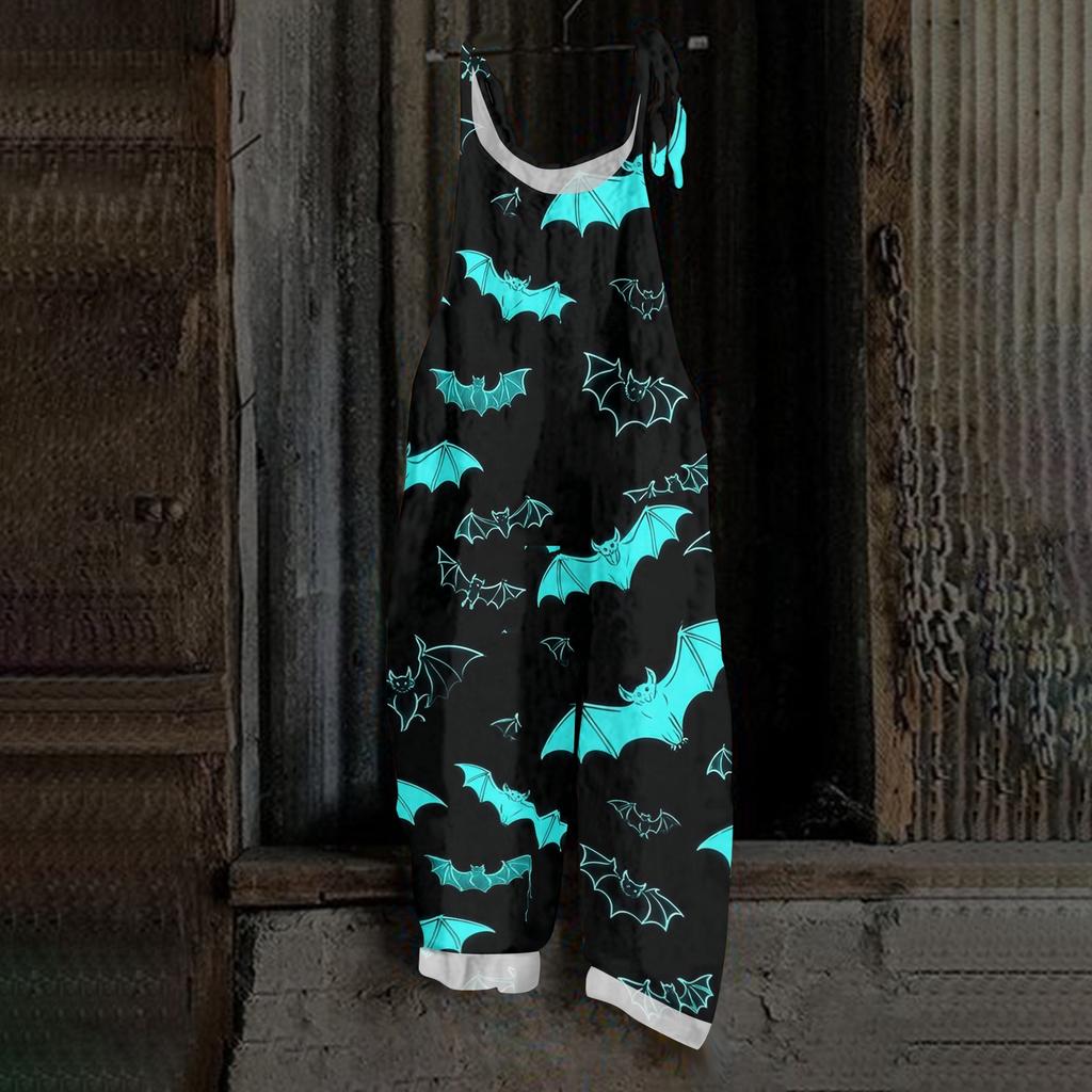 Women Halloween Print Loose Fit Vintage Style Overalls Casual Linen Blend Sleeveless Wide Leg Jumpsuit with Adjustable Straps