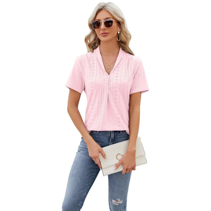 Women's Spring and Summer New, V-neck Jacquard, Loose Tops, Lapel Swallowtail, Short Sleeve T-shirt