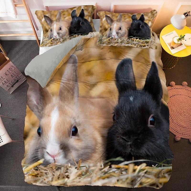 Cartoon Rabbit King Queen Duvet Cover Pet Animal Carrot Bedding Set for Kids Easter Theme Bule Polyester Quilt Cover