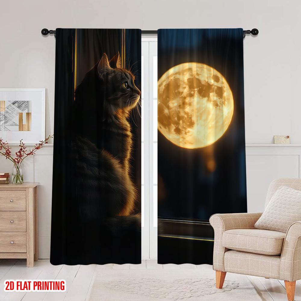 2D Flat Printing 2pcs Curtains Cat and Moon Light Filter Party Decorations for Indoor Celebrations   Room   Multipurpose Event