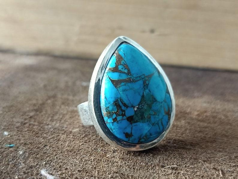 Bague turquoise faite à la main en laboratoire, argent sterling 925, bague poire, bague femme, bague en argent, cadeau d'anniversaire, bague solide