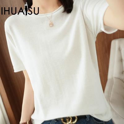 Damen Sommer Strickware Kurzarm Locker Hundert Unterhemd T-Shirt Tops