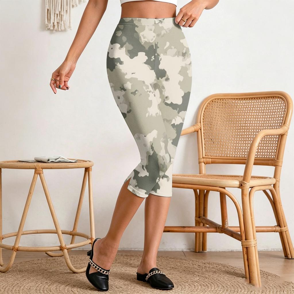 Damen High Waist Caprihose mit elastischem Bund, Slim Fit, lässig, dehnbar, verkürzte Leggings mit seitlichen Schlitzen für den Alltag