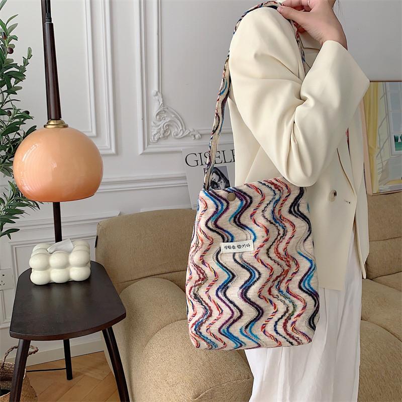 Trendy Rainbow Striped Canvas Tote Bag For Spring And Summer With Large Capacity