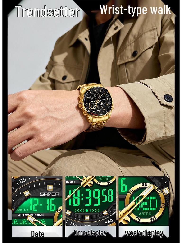 Sanda 6318 Men's Multi-Function Outdoor Sports Watch with Three-City Time, Countdown, and Waterproof Features