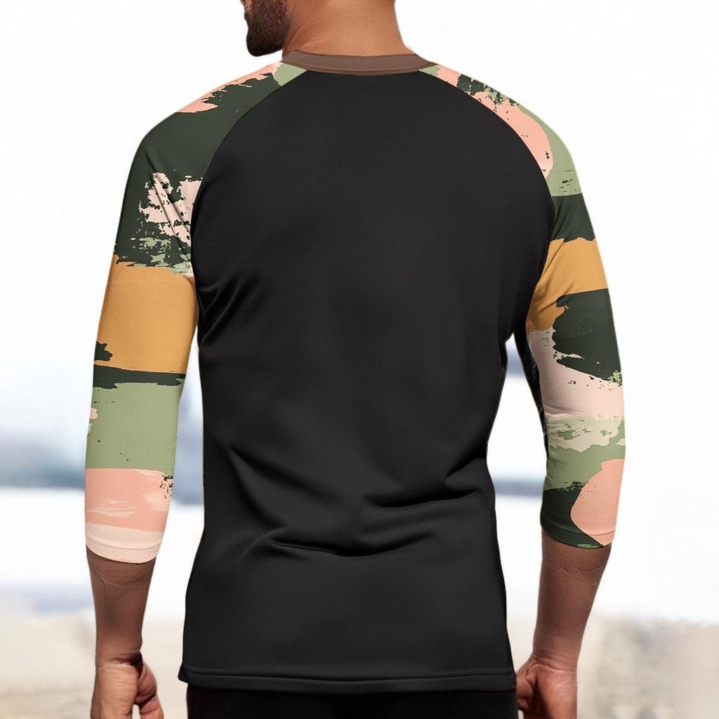 Men's Top with Three-quarter Sleeves and Camouflage Print