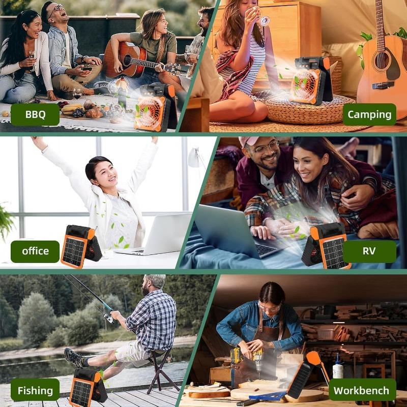 Solar Powered Fan for Camping Portable Rechargeable for Gazebo with LED Light & Timer 4 Speed Cordless Battery Powered for Outdoor Stay Cooling Orange