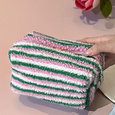 Soft Material Makeup Bag Clutch Style Cute Design Travel Cosmetic Bag Stripe Portable Bag Portable Organizer Makeup Storage