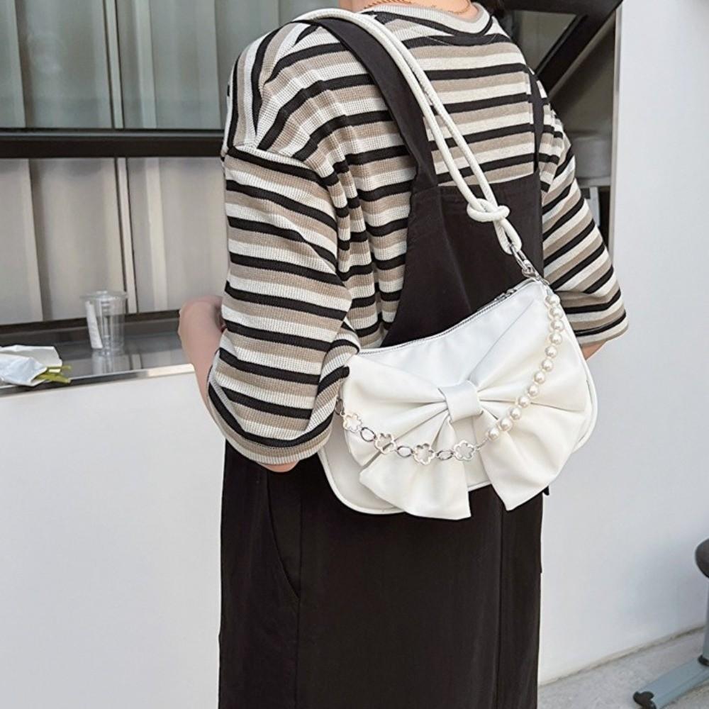 Solid Color Women Underarm Bag PU Leather Bow Handbag Simple Bowknot Shoulder Bag Office Worker