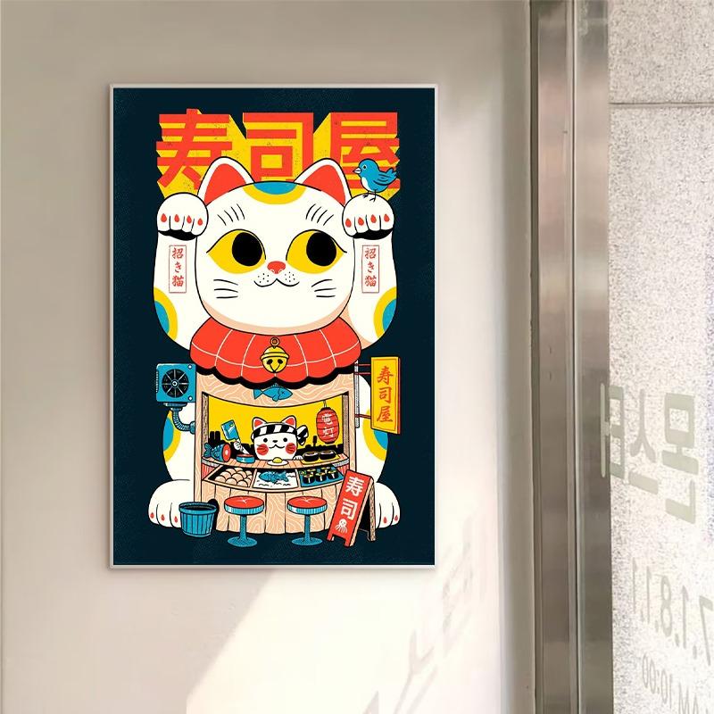 Lucky Cats Cartoon Poster Canvas Prints Lucky Sushi Bar Wall Art Decor Cute Cartoon Cat Prints Decor for Shop Maneki Neko Decor