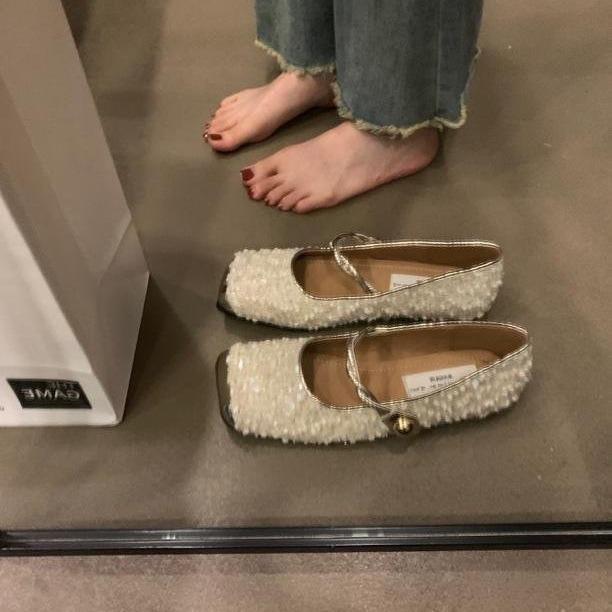 Sequined Mary Jane Single Shoes Women's Shoes 2025 New Spring Flat Bottom Niche High-end French Temperament Evening Shoes
