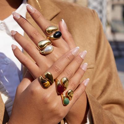 Design Sense 18k Gold, Water Drop Inlaid Pearl Asymmetric Versatile Fashion Open Ring