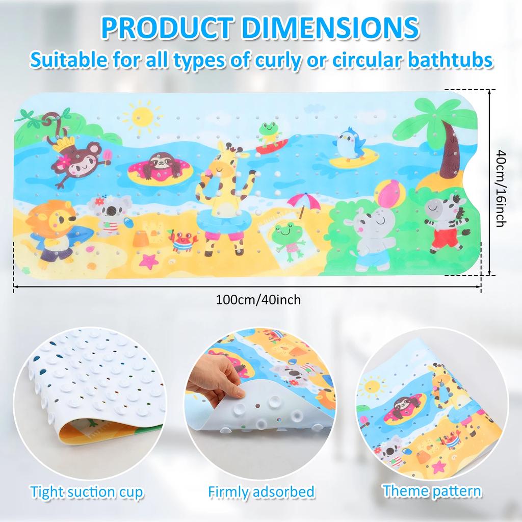 Baby Bath Mat Non Slip Baby Bathtub Mat with Strong Suction Cup 40x10cm Extra Long Cartoon Toddler Shower Bath Mats Bathroom Rug
