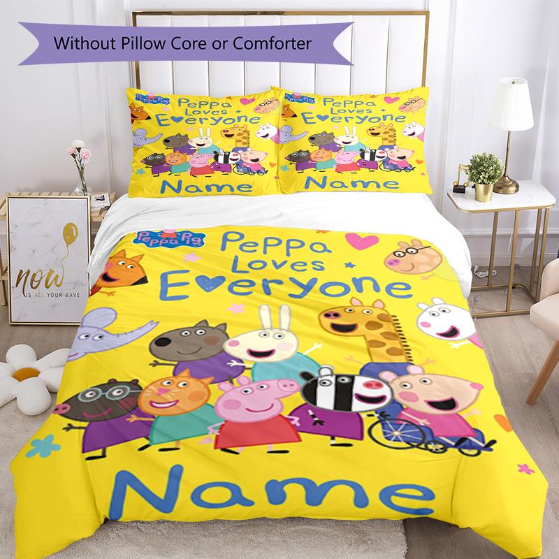 3Pcs Custom Name Peppa Pig Bedding Set Duvet Cover Closure Includes 1Duvet Cover 2Pillowcases Soft And Comfortable For All Seasons