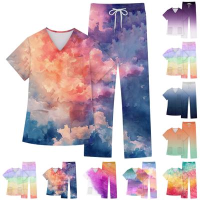 Conjunto de trabalho feminino de duas peças, manga curta, decote em V, estampa degradê, bolso no peito, blusa de trabalho, cintura elástica, calças