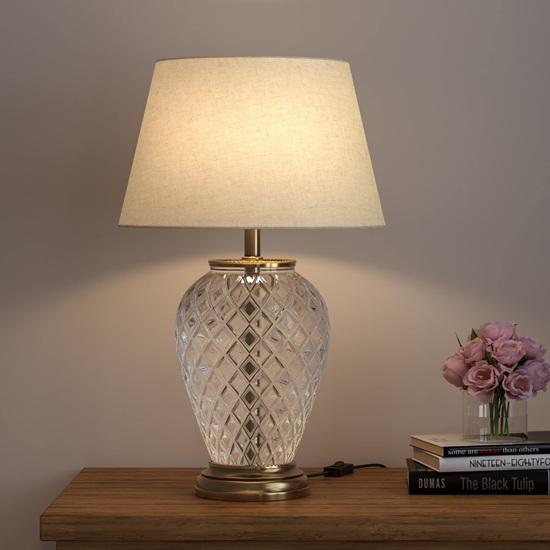 Glass Table LED Lamp Royal Diamond Cut Glass Off White Lampshade Bedside, 58.42 cm Living Room, Bedroom, Home Decoration, Hotel Pack of 1