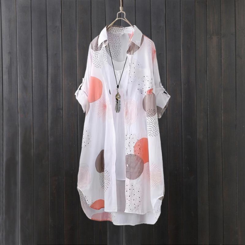 

Жіноча сонцезахисна сорочка з принтом - вільна, середньої довжини, великого розміру, літній топ M