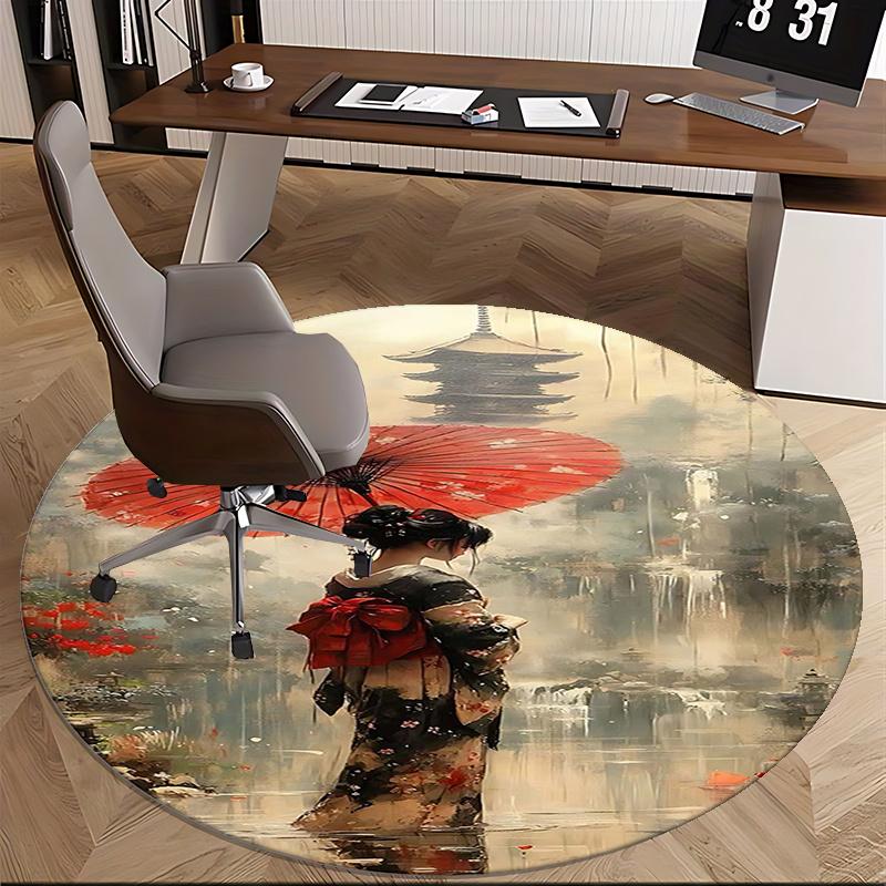 Traditional Japanese Kimono Chair mat Round Rug-Office carpet, Machine Washable, Non-slip, Suitable for Living Rooms, Bedrooms