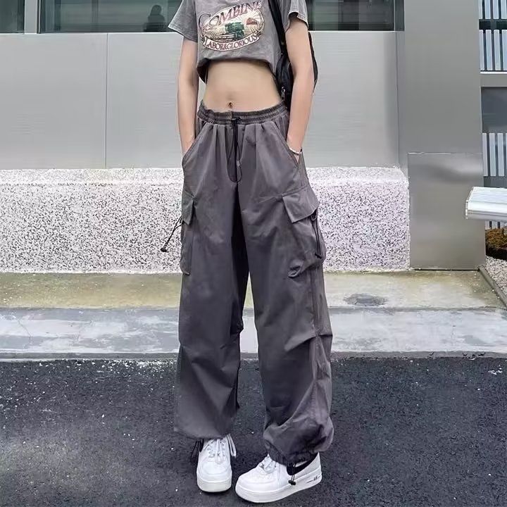 Women High Waist Cargo Pants Elastic Drawstring Wide Leg Trousers Streetwear Loose Casual Jogger Pants with Pockets